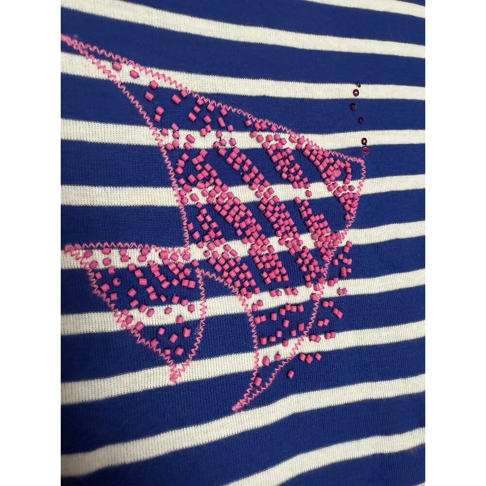 Talbots Womens Navy Blue White Striped Short Sleeve Shirt Size SP Pink Bead Fish - Picture 2 of 7
